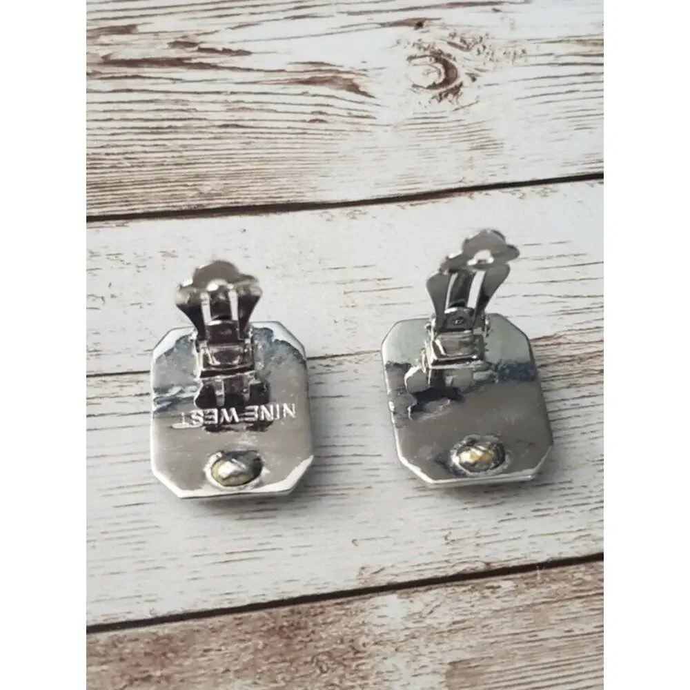 Vintage Nine West Clip On Earrings Large Silver Tone with Distressed Silver Gem